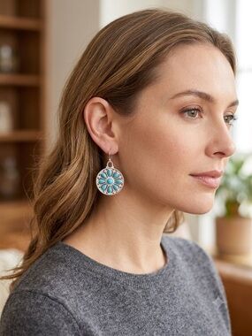 Silver Turquoise Flower Mandala Drop Earrings | Southwestern Bohemian Style